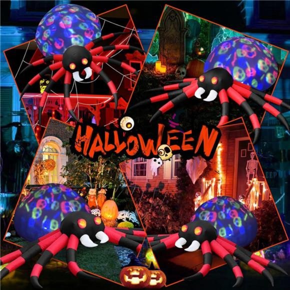 8 FT Halloween Inflatable Spider with LED Rotating Skull Head Lights & Red Eyes - Picture 6 of 6